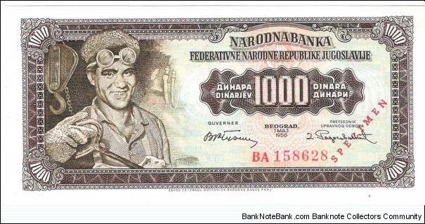 1000 Dinara(specimen 1955) Banknote