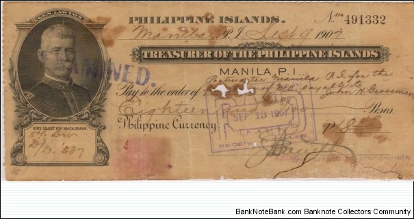 RARE Philippines General Lawton Treasury of the Philippine Islands Check Banknote