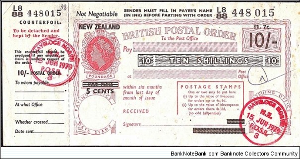 New Zealand 1970 1 Dollar & 7 Cents on 10 Shillings postal order.

'$1. 7c' overprinted  above '10/-'.

Issued at Havelock North. Banknote