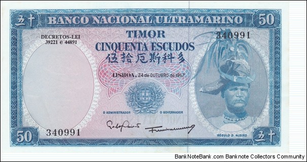 Portuguese Timor P27a (50 escudos 24/10-1967 Sign 8) Banknote
