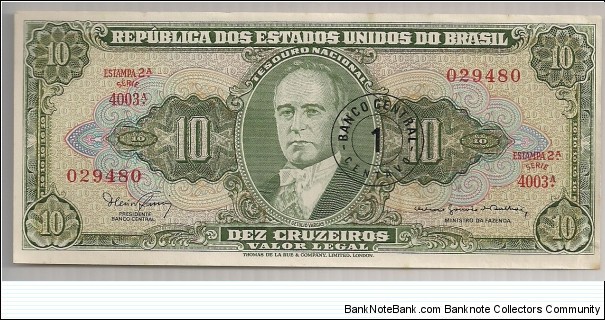 Brazil 1 Centavo Ovpt on 10 Cruzeiros 1967 P183b. Banknote