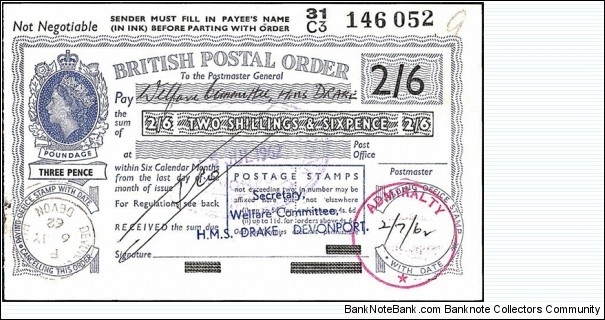 England 1962 2 Shillings & 6 Pence (1/2 Crown) postal order.

Extremely rare cashed Royal Navy Field Post Office issued postal order.

Issued at the Admiralty (London).

Cashed at Devonport,Plymouth (Devonshire). Banknote