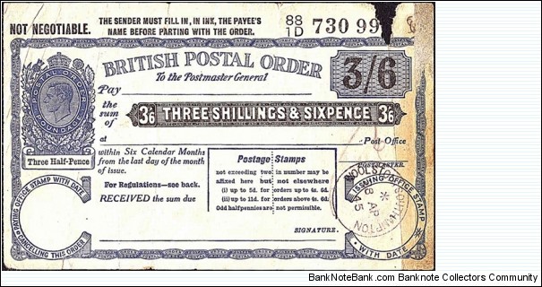 England 1945 3 Shillings & 6 Pence postal order.

Issued at Woolston,Southampton  (Hampshire). Banknote