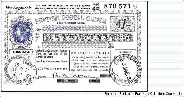 England 1962 4 Shillings postal order.

Extremely rare cashed Royal Navy Field Post Office issued postal order.

Issued at the Admiralty (London).

Cashed at Chichester (Sussex). Banknote