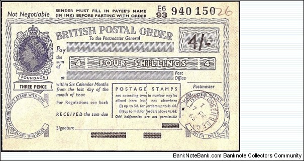 England 1965 4 Shillings postal order.

Issued at Clerkenwell Green Branch Office,EC.1 (London). Banknote