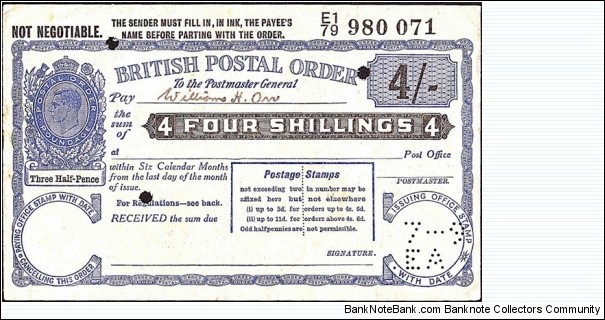Scotland N.D. 4 Shillings postal order.

Perfinned '7-9' above 'EA'.

Football Pools issue. Banknote