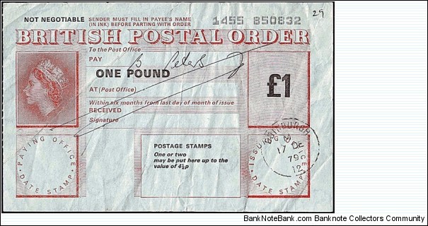 Scotland 1979 1 Pound postal order.

Issued at Edinburgh (Edinburghshire). Banknote