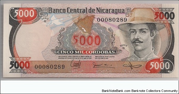 Nicaragua 5000 Cordobas 1985 P146. Banknote