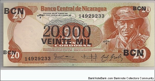 Nicaragua 20000 Cordobas overprint 1987 P147. Banknote