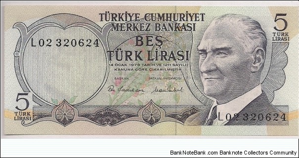 Turkey 5 Lira 1976 P185. Banknote