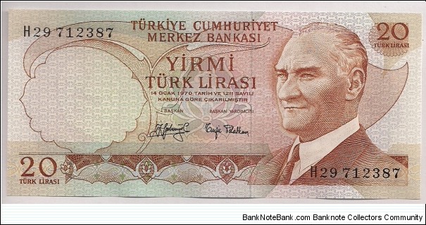 Turkey 20 Lira 1970 P187a. Banknote
