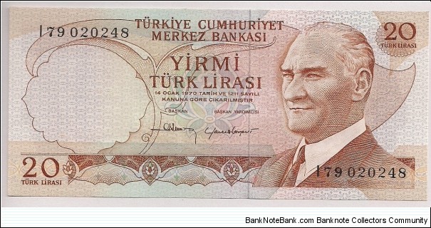 Turkey 20 Lira 1970 P187b. Banknote