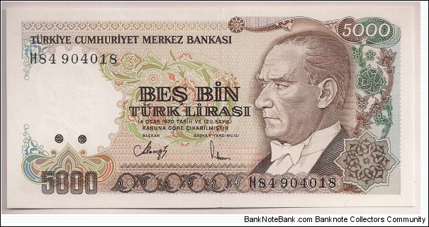 Turkey 5000 Lira 1990 P198. Banknote