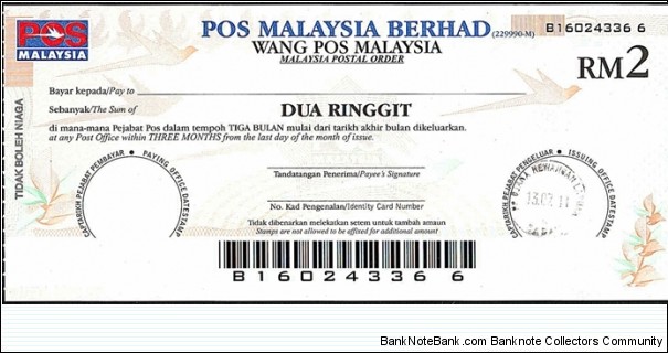 Labuan 2011 2 Ringgit postal order. Banknote