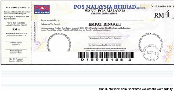 Labuan 2011 4 Ringgit postal order. Banknote
