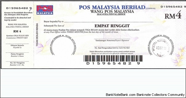 Labuan 2011 4 Ringgit postal order. Banknote