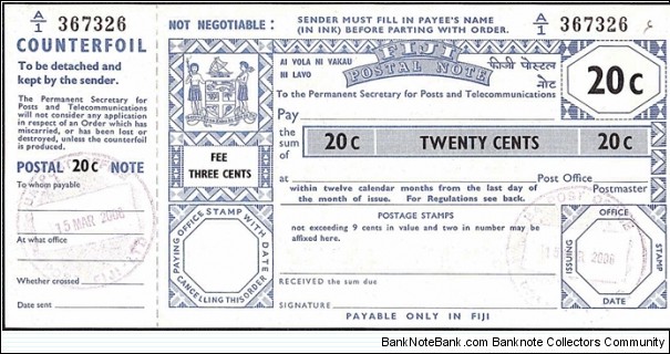 Fiji 2006 20 Cents postal note.

Issued at Ba. Banknote