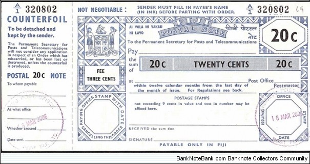 Fiji 2006 20 Cents postal note.

Issued at Korolevu. Banknote