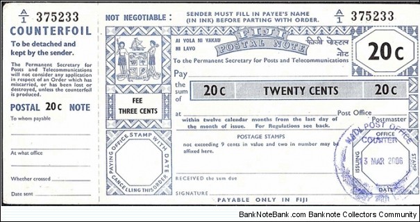 Fiji 2006 20 Cents postal note.

Issued at Nadi. Banknote