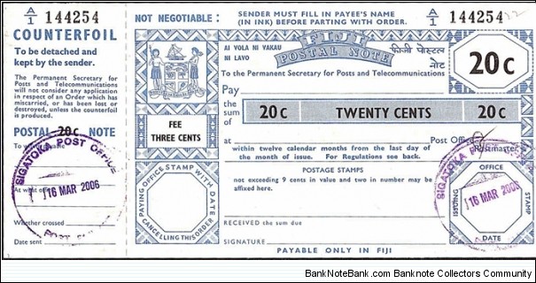 Fiji 2006 20 Cents postal note.

Issued at Sigatoka. Banknote