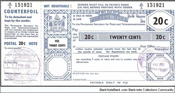 Fiji 2006 20 Cents postal note.

Issued at Suva. Banknote