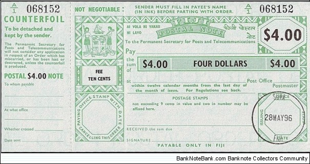 Fiji 1996 4 Dollars postal note.

Issued at Suva. Banknote