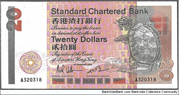 Hong Kong 1985 20 Dollars.

The 1st. issue for the Standard Chartered Bank. Banknote