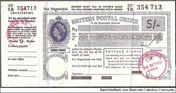 New Zealand 1962 5 Shillings postal order.

Issued at Wellington East (Wellington).

Advertisement on the back of the counterfoil. Banknote