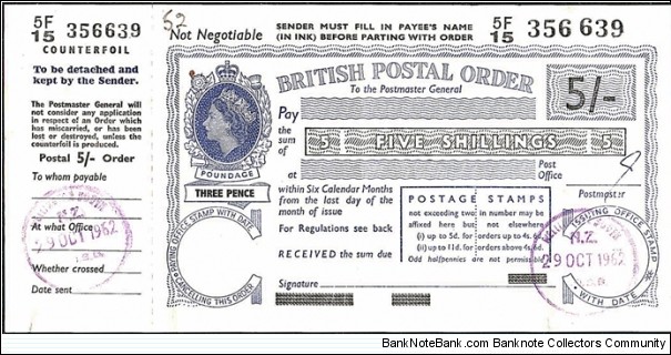 New Zealand 1962 5 Shillings postal order.

Issued at Wellington South (Newtown,Wellington).

Advertisement on the back of the counterfoil. Banknote