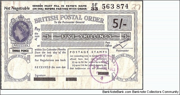 New Zealand 1963 5 Shillings postal order.

Issued at Lower Hutt (Wellington). Banknote