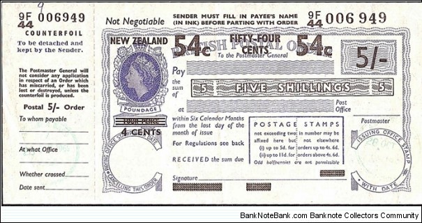 New Zealand 1969 54 Cents on 5 Shillings postal order.

Issued at Remuera East (Auckland). Banknote