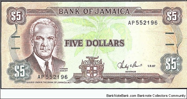 Jamaica 1987 5 Dollars. Banknote