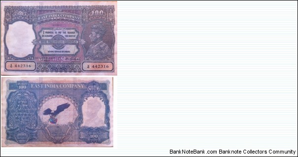 British India. 100 Rupees. East India Company fancy note. Calcutta mint.  Banknote