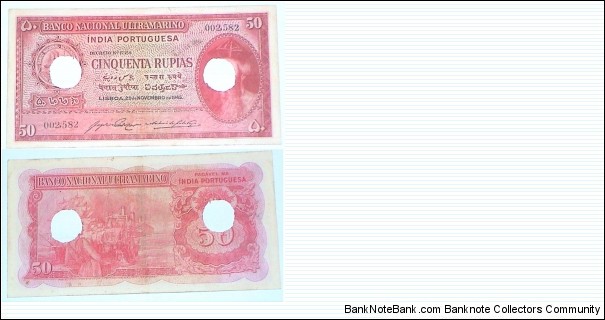 Portuguese-India. 50 Rupia. Cancelled note. Low serial number. Banknote