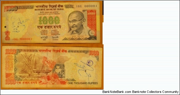 1000 Rupees. YV Reddy signature. Serial No. JBE 000001. Banknote