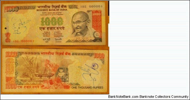 1000 Rupees. YV Reddy signature. Serial No. JBE 000001. Banknote