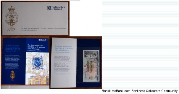 5 Pounds. The Royal and Ancient Golf Club of St Andrews 250th Anniversary. Banknote