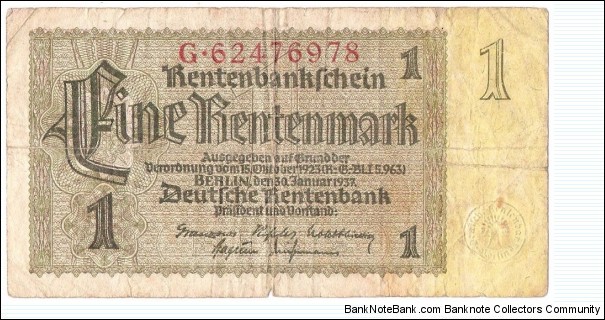 1 Rentenmark(Third Reich 1937)  Banknote