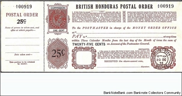 British Honduras Remainder Issue 1975 25 Cents postal order.

Issued at Belize City.

Extremely late issue!

King George VI Posthumous Issue. Banknote