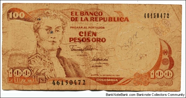 Cien Pesos oro
A well used note Banknote