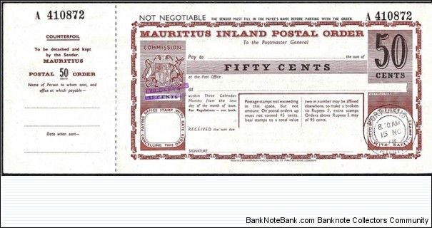 Mauritius 1978 50 Cents postal order.

Issued at Port Louis. Banknote