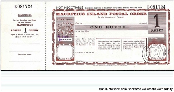 Mauritius 1985 1 Rupee postal order.

Issued at Port Louis. Banknote