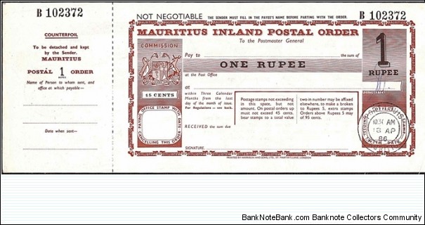 Mauritius 1986 1 Rupee postal order.

Issued at Port Louis. Banknote