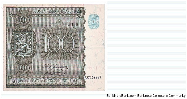 100 markkaa Litt.B Serie AE Notes size 120 X 102 mm (inc 4,724 X 4,016) This note is made of 1953 Banknote
