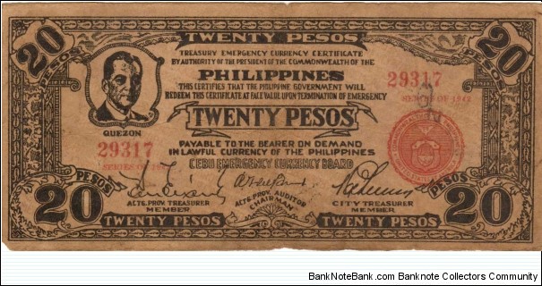 PI-224b Cebu Philippines 20 Peso note with 3 signatures on reverse. Banknote