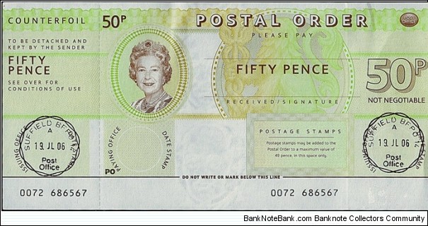 Alberta 2006 50 Pence postal order.

Issued at B.F.P.O. 14,Suffield.

Very late issue for this type.

Very scarce! Banknote