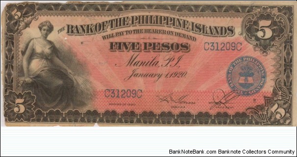 PI-13 Bank of the Philippine Islands 5 Peso note.  (bug eaten) Banknote