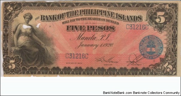 PI-13 Bank of the Philippine Islands 5 Peso note.  (bug eaten) Banknote