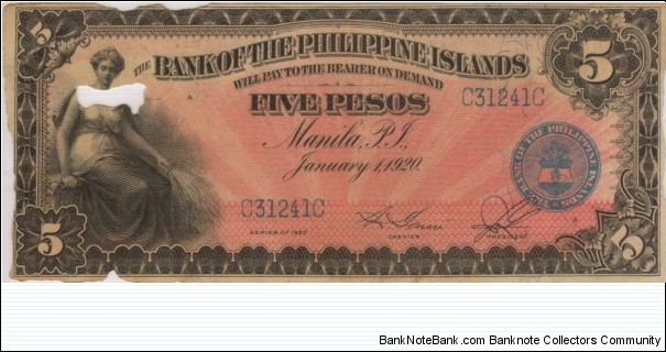 PI-13 Bank of the Philippines 5 Peso note in series, 1 of 2.  (bug eaten) Banknote