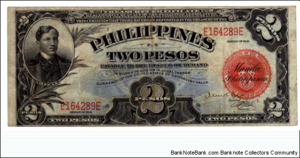 This is a U.S. Philippine Treasury Certificate, payable in Siver Pesos or legal tender currency of the U.S.
Scarce Issue Banknote